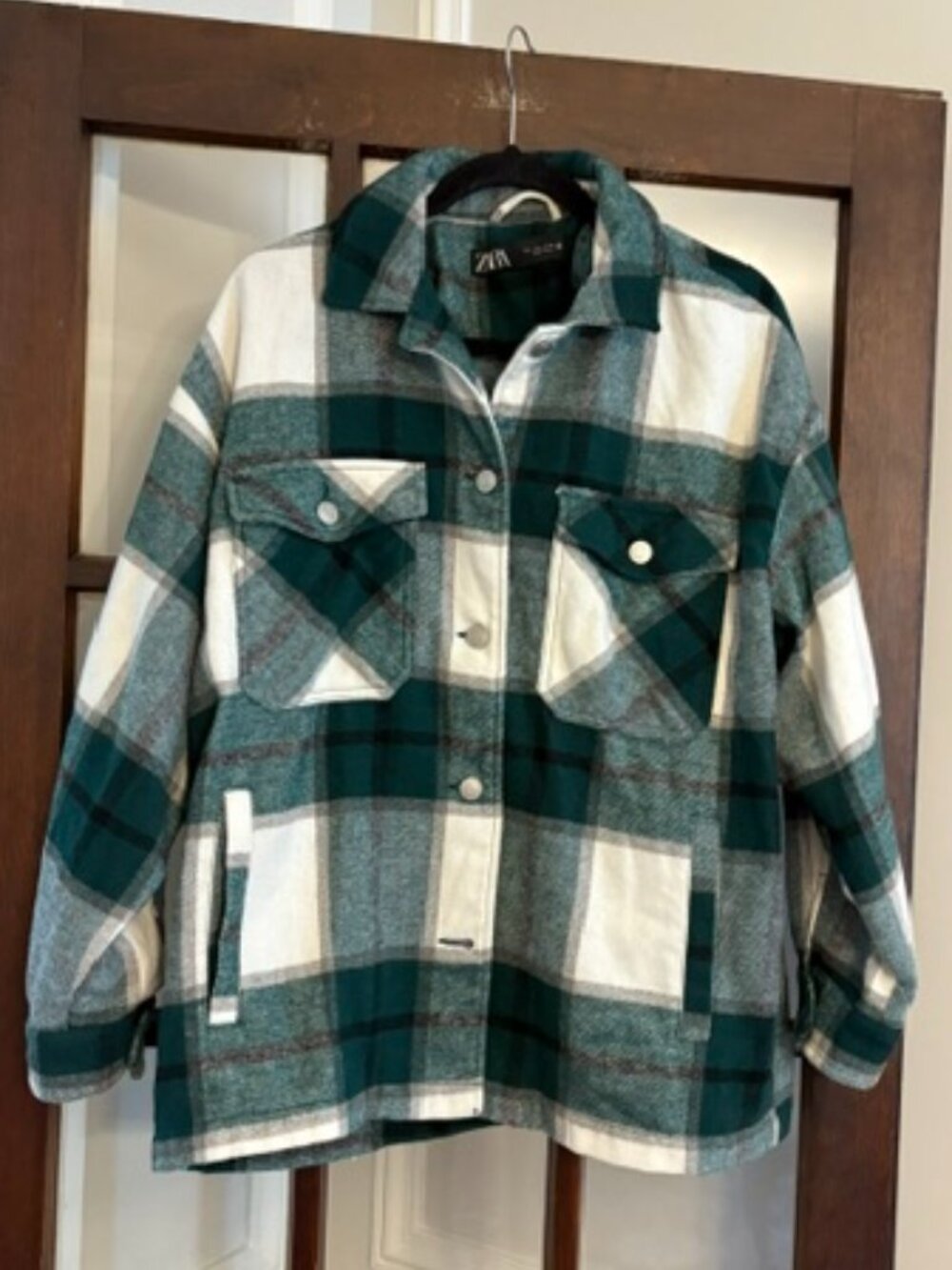 Zara Green and White Plaid Flannel Shacket, Size Large